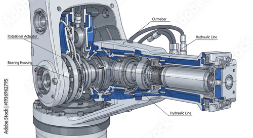 Cross-section of a robotic arm joint, showing internal components and hydraulic lines.