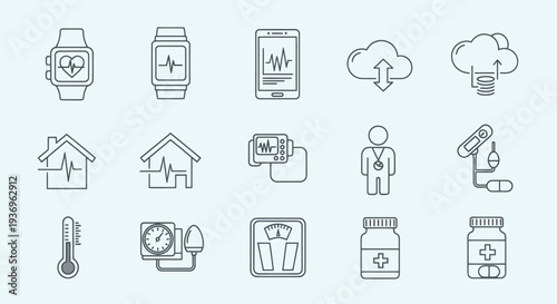 Collection of thin line icons related to digital health and medical monitoring.