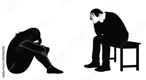 A poignant depiction of sadness and despair shows two individuals overwhelmed with emotion presented as a silhouette high quality