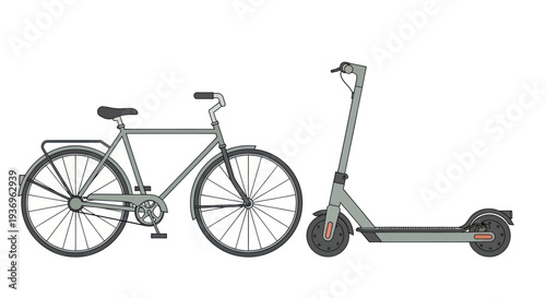 Modern electric scooter and urban bicycle illustration on white background