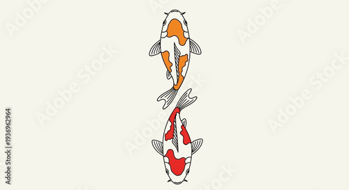 Two Koi Fish Swimming Opposite Directions, Top View, White Background, Japanese Art Style