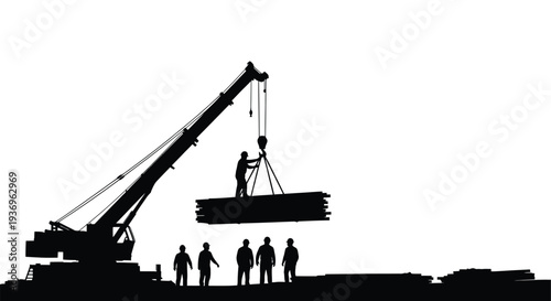 A stark black silhouette depicts construction workers operating a crane and moving heavy materials on a worksite silhouette