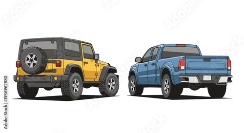 Yellow off-road SUV and blue pickup truck vector illustration