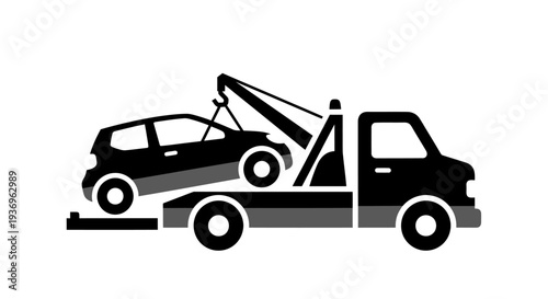 Flat icon of a tow truck lifting a car for roadside assistance