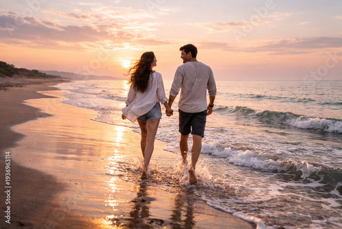 Romantic couple walking hand in hand along sandy beach at sunset. Soft golden reflections and gentle waves create peaceful travel atmosphere.