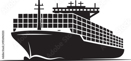 Black silhouette of cargo container ship sailing on water, shipping industry, international trade and logistics, clear background