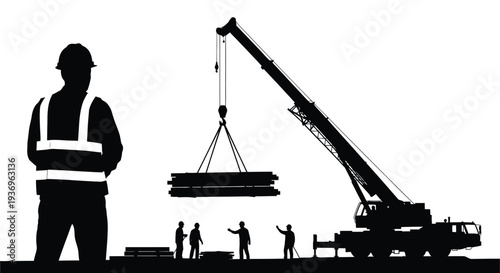 A stark silhouette depicts construction workers operating a large crane lifting heavy materials on a work site silhouette