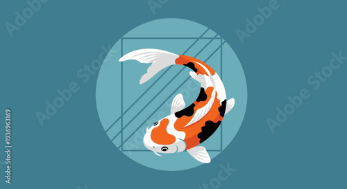 Vibrant Koi Fish Swimming in Geometric Circle - Japanese Culture, Aquatic Life