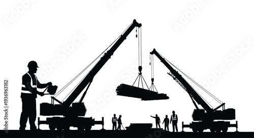 Construction site with two cranes lifting a heavy load featuring a worker and team depicted as a silhouette