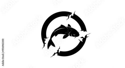 Black Koi Fish Silhouette inside Cracked Circle Graphic