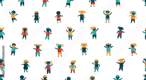 A vibrant seamless pattern of happy diverse children playing on a white background.