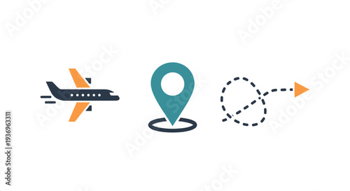 Travel planning concept with airplane, location pin, and route icons.