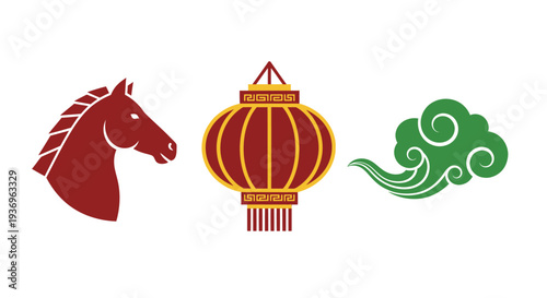 Chinese New Year symbols including horse, lantern, and auspicious cloud design.