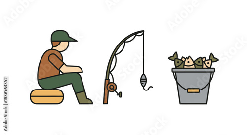 Fisherman with fishing rod and a bucket full of fish