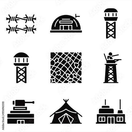 A collection of black and white icons depicting various military and defense symbols on a clean white background