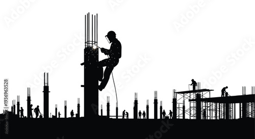 A construction worker skillfully welds metal atop a steel beam amidst a busy building site a striking silhouette