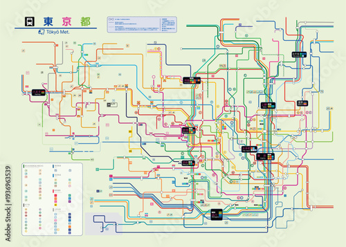 A comprehensive and clean vector illustration of a city subway and railway network map. This minimalist transit diagram features colorful interconnected lines representing different routes, station in