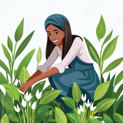 Woman harvesting herbs in a green garden