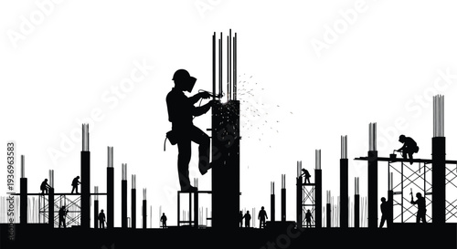 A construction worker expertly welds metal rebar at a building site depicting industrial progress a stark silhouette
