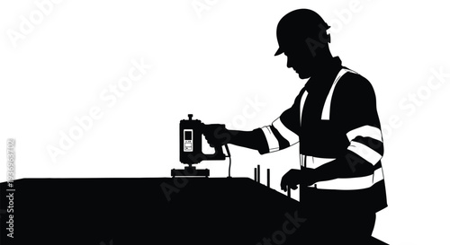 A construction worker operates a jackhammer on a surface powerfully depicted in a striking black silhouette high quality professional