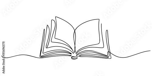 book continuous one line drawing, One continuous line drawing of Opened book. Education in school and library studying in simple linear style. Writing draft business in Editable stroke. Doodle vector