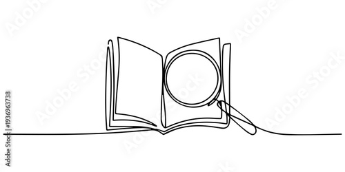 book with magnifying glass continuous one line drawing, Continuous line drawing of book and magnifying glass, vector illustration, one line, Continuous one line drawing of book and magnifying glass