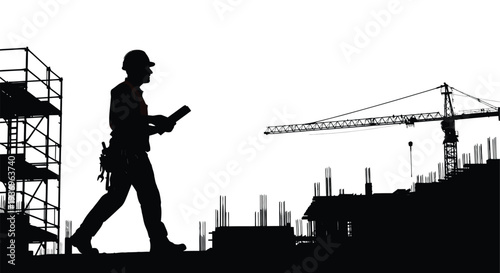 A construction worker walks with blueprints against a backdrop of a building site showcasing a dramatic silhouette high quality