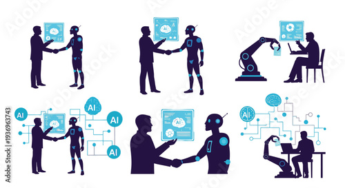 Human and Robot Partnership Icons Set, Artificial Intelligence Collaboration