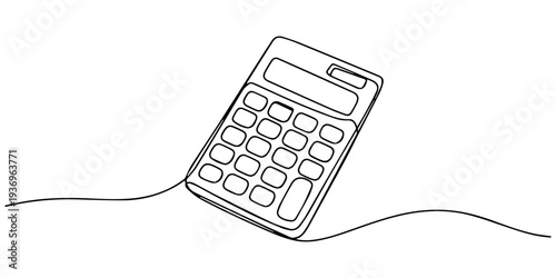 Continuous line drawing art of calculator accounting tool. Calculator in single line draw with active stroke, Continuous line drawing art of calculator accounting tool. Calculator in single line draw