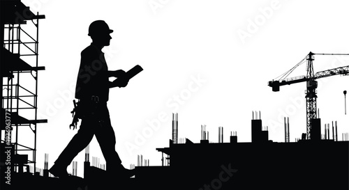 A construction worker walks along a building s edge reviewing blueprints against a backdrop of a developing cityscape silhouette