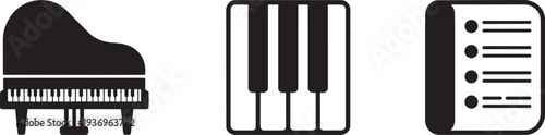 Classic grand piano, piano keys, and a music sheet icon for musical compositions.