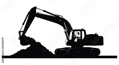 A striking black silhouette depicts a powerful excavator actively digging into a mound of earth showcasing industrial strength