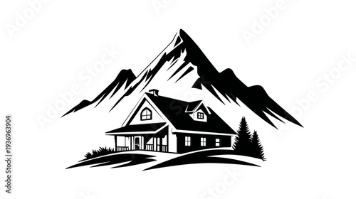A monochrome illustration of a house nestled at the foot of tall mountain range