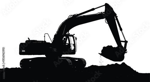 A stark black silhouette of a large excavator digging into a mound of earth showcasing industrial power silhouette