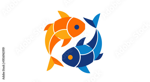 Yin Yang Symbol Made of Two Koi Fish, Orange and Blue, on White Background