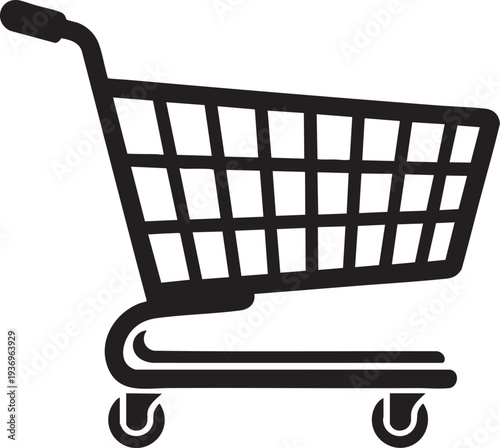 Shopping cart silhouette, grocery store trolley, e-commerce symbol, retail basket, wheeled carrier, consumer product, purchase vehicle