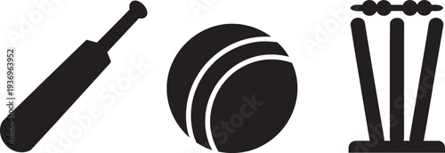 Cricket sport equipment icon set bat ball and wickets vector flat illustration
