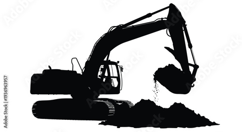 A stark black silhouette of an excavator digging into a pile of earth showcasing industrial power and construction silhouette