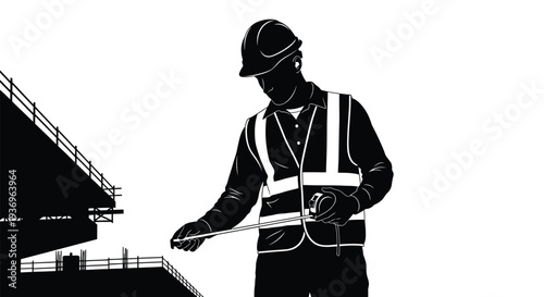 A black and white illustration depicts a construction worker inspecting a structure showcasing a striking silhouette high quality professional