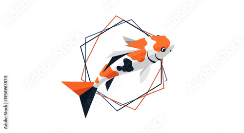 Colorful Koi Fish Swimming Inside Geometric Frame, Japanese Culture Symbol, Vector Art