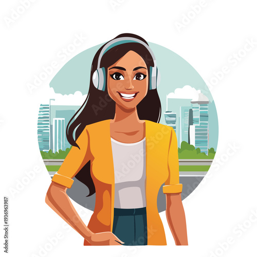 Woman wearing headphones smiling with city background