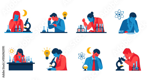Scientist and Researcher Character Set Laboratory Experiment Flat Illustration
