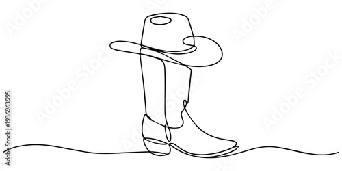 Continuous line drawing of a cowboy boot and hat, continuous line cowboy hat and boots, One continuous single drawing line art flat doodle boot, shoe, cowboy, leather, western, fashion, cossack, foot
