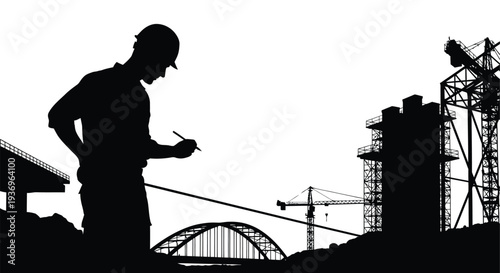 A construction worker inspects blueprints with a building site including cranes visible in the background silhouette high quality professional