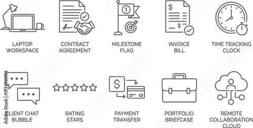 Set of minimalist business and freelance line icons for professional project management use.