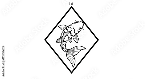 Koi Fish in Diamond Frame - Black and White Line Art Illustration
