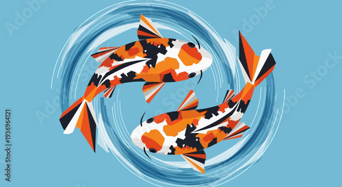 Two Koi Fish Swimming in Circle, Japanese Culture, Feng Shui
