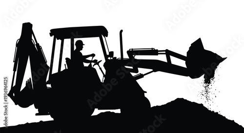 A stark black silhouette depicts a backhoe digging into a mound of earth showcasing industrial work and construction silhouette