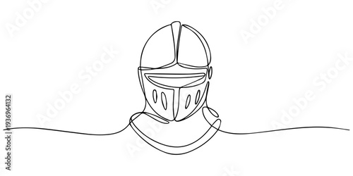 Knight helmet continuous one line drawing, Continuous one line drawing of roman warrior helmet mask. One line drawing illustration of knight iron mask. Knight mask concept singe line. Editable outline