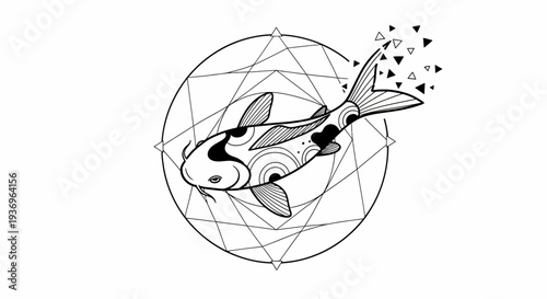 Koi fish with geometric pattern, abstract, black and white, illustration